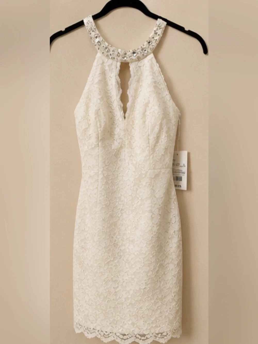 NWT David’s Bridal DB Studio Ivory Lace Beaded Halter Sheath Dress Size 2